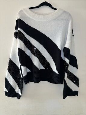 DKNY Black and White Sequin Stripe Crewneck Sweater